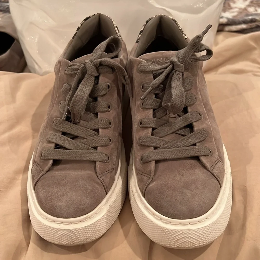 VINCE Gray Suede with Snake Print Heel Lace Up Platform Sneakers
